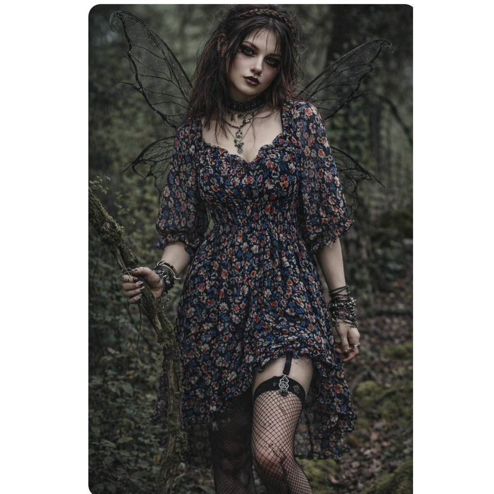 Fairy Grunge Dress *L Chiffon Sheer Milkmaid Dark Floral Whimsigoth Dark Cottage